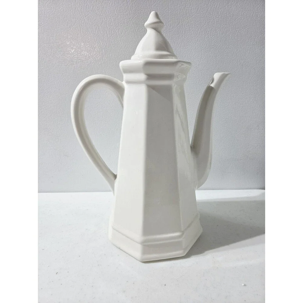 MCM Rare Pfaltzgraff Heritage White Tall Coffee Tea Pot With Lid 13.5” Tall READ